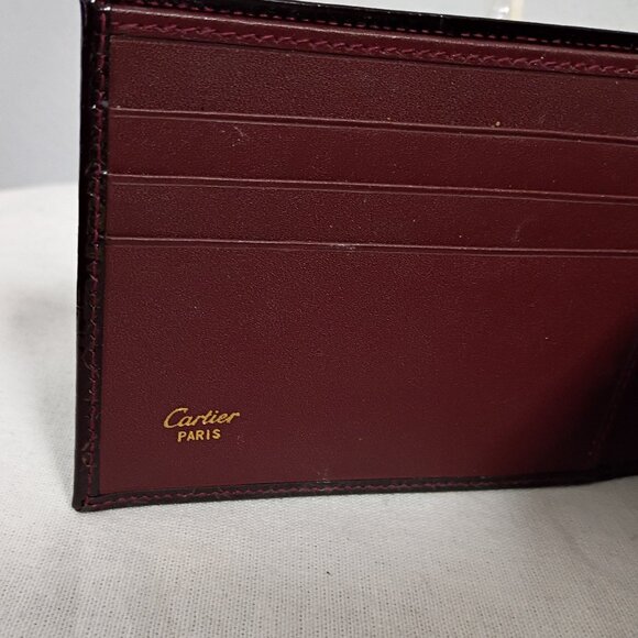 ❤️Authen CARTIER  Burgundy Patent Leather Croc Print ID Billfold Wallet 5.5 x3.5 - Picture 5 of 6